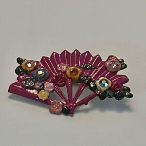 Vintage mini fuchsia bejeweled fan brooch pin
